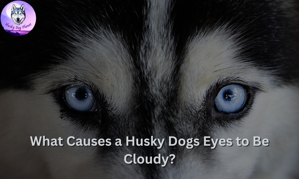 A close-up photo of a Siberian Husky's eyes, one blue and one brown, with a caption that reads "What causes a Husky dog's eyes to be cloudy?"