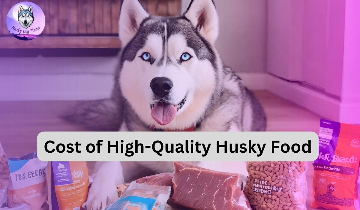 an image of a sleek, fluffy husky dog surrounded by bags of high-quality dog food, raw meat, and healthy treats.